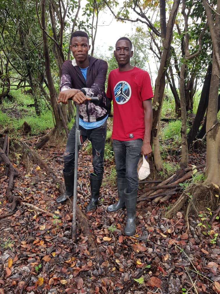 Men in forest with soil testing equipment